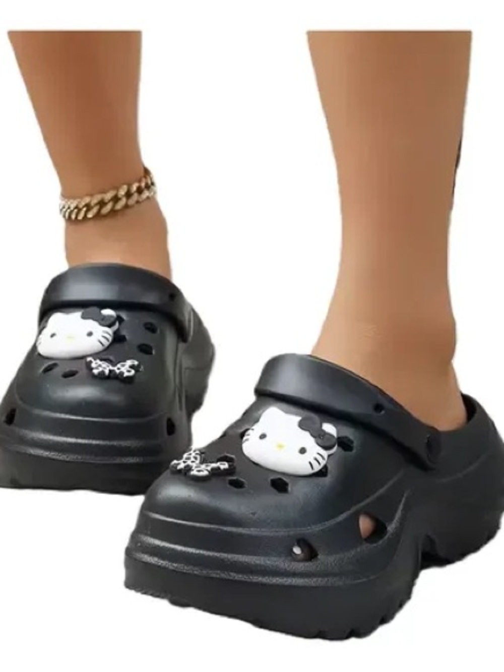 Women’s Black Slip-On Sandals with Playful White Character Charm